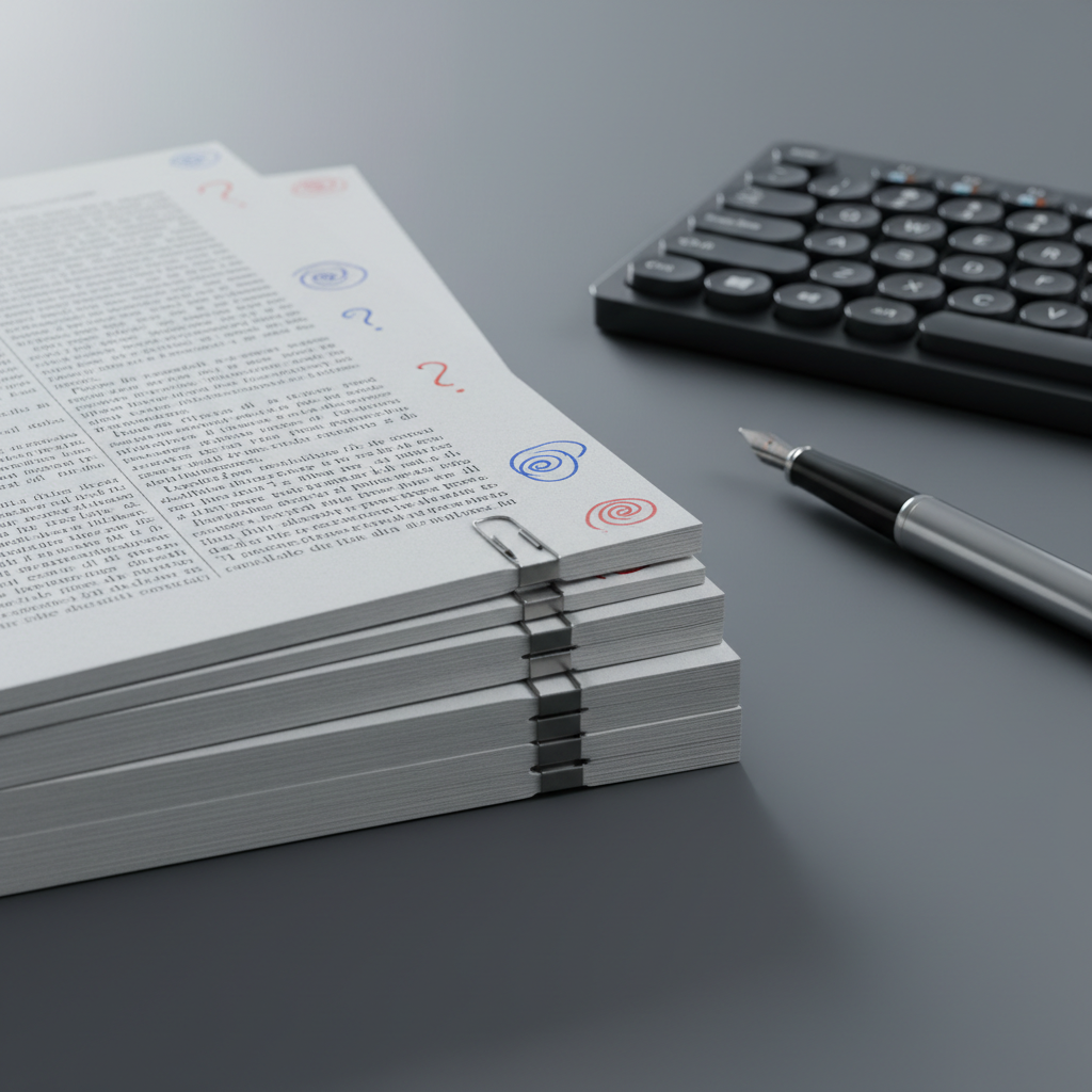 A close-up photographic view of a stack of neatly printed book pages in Italian, each sheet clipped with small metal paper clips and annotated with subtle red and blue proofreading marks that are suggestive but not legible. The stack rests on a matte dark grey desk, next to a minimalist mechanical keyboard and a closed fountain pen with a polished metal finish. Cool, diffused studio lighting from the left creates soft reflections on the pen and gentle shadows across the paper texture. The mood is precise, methodical, and highly professional, captured at an eye-level angle with a narrow depth of field emphasizing the front edge of the manuscript while the keyboard and background fade softly.
