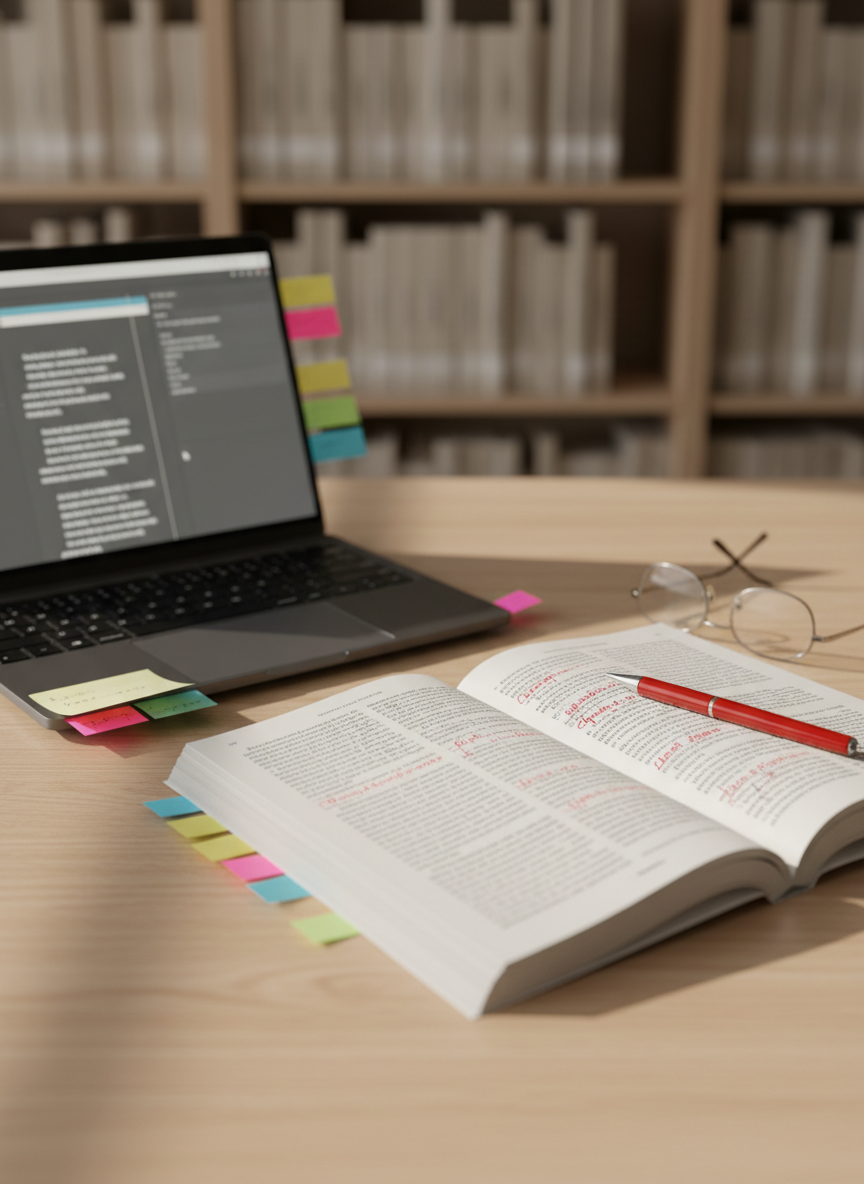 A neatly arranged editorial workspace on a light wooden desk, featuring an open manuscript printed in Italian with visible but unreadable lines, beside a sleek black laptop showing a blurred text-editing interface. Colorful sticky-note markers, a red pen resting on the margin, and a pair of thin reading glasses lie nearby as symbolic tools. Soft natural daylight from an unseen window washes over the scene, creating gentle shadows and a calm, professional mood. Photographic realism from a slightly elevated angle, with shallow depth of field that keeps the central pages in crisp focus while the background, including shelves of neutral-toned books, fades into a soft bokeh.