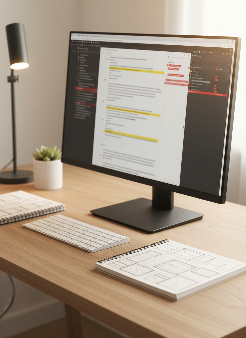 A modern, minimalist desktop setup representing professional text editing services: a large, slim monitor displaying an out-of-focus Italian document with highlighted sections, tracked-change style indicators, and side comments, all intentionally unreadable. A clean white keyboard and a notebook with geometric page layout sketches sit on a pale oak desk. A small plant in a white pot adds a touch of green. Soft warm daylight from the right and a subtle desk lamp glow create a balanced, inviting light. Photographic realism, shot from a three-quarter perspective with balanced composition, evoking clarity, structure, and a reassuringly organized work process.